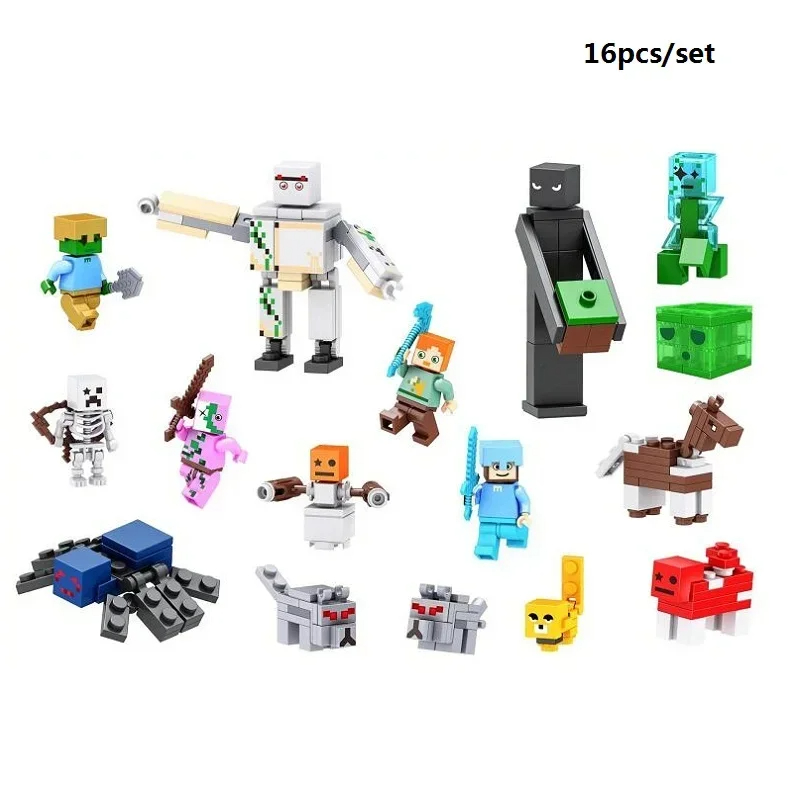 Minecraft Blocks Building Minifigure Diamond Sword Creeper Figures Zombie Dolls Steve Building Bricks Toys for Boys Kid Birthday Gift 16pcs Set Fit Lego