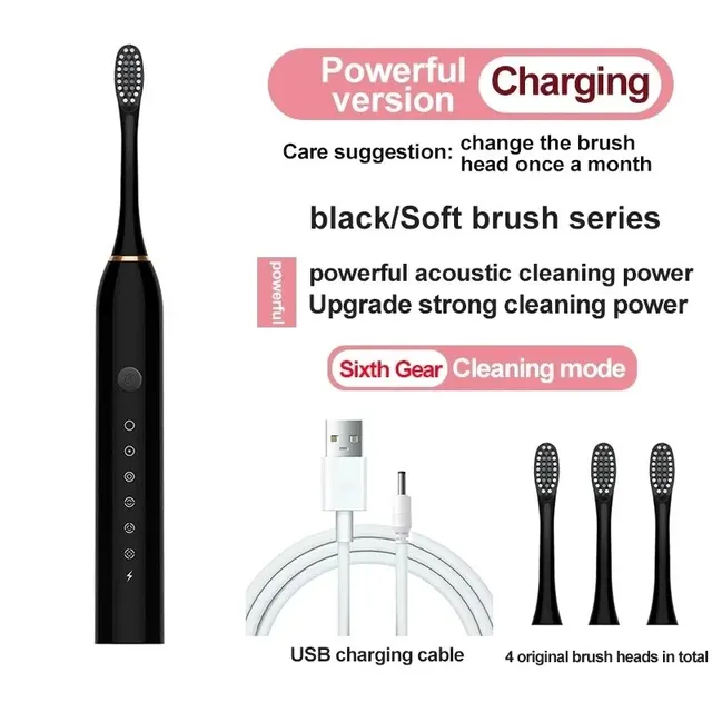 (Black) Electric Ultrasonic Toothbrush Six Speed Mode Home Soft Hair USB Charging Waterproof Adult Tooth Cleaner Automatic Couple Set