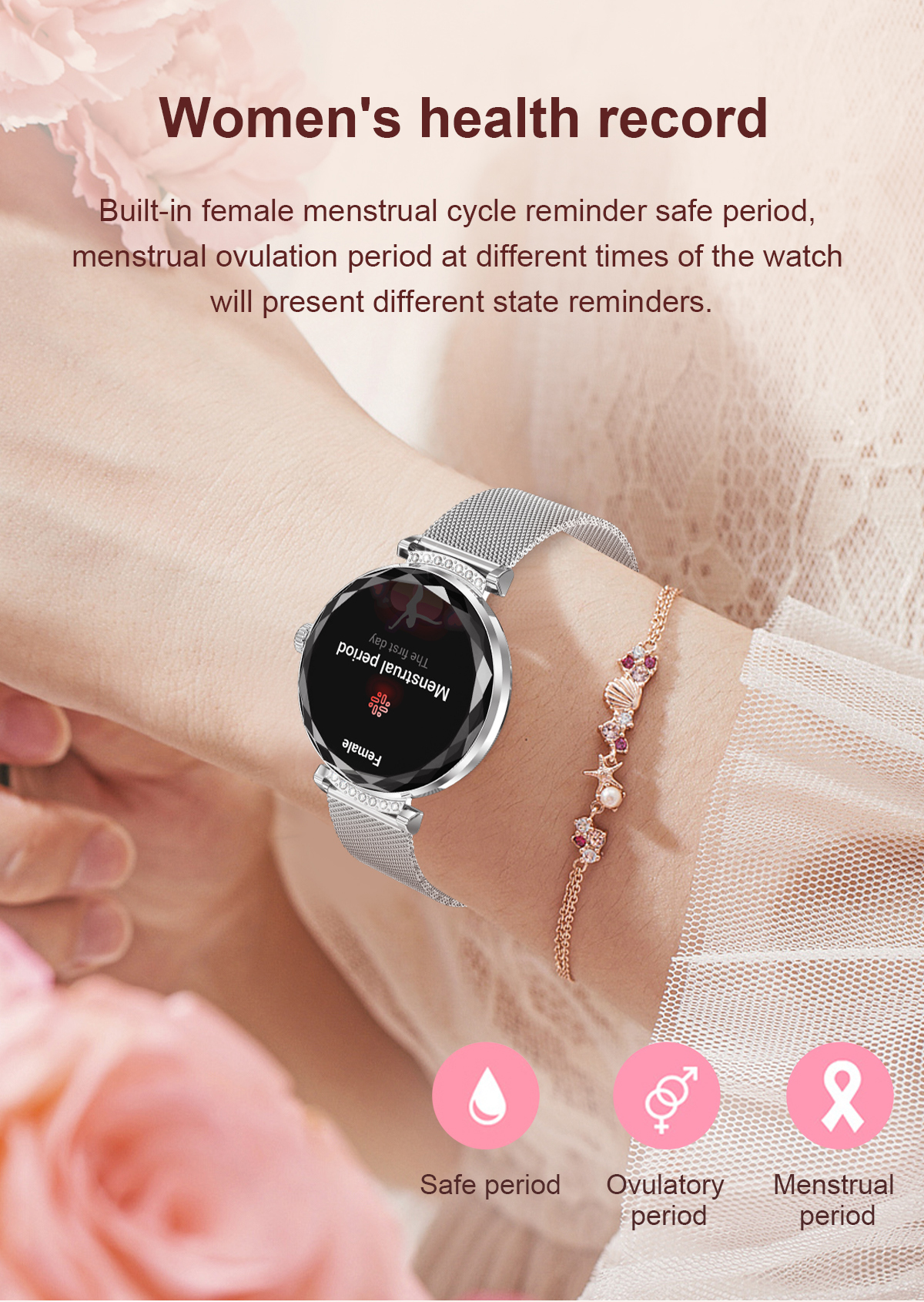 (Gold) Lady Smart Watch Fashion 1.19 Inch AMOLED BT Call Women Female IP68 Smartwatch