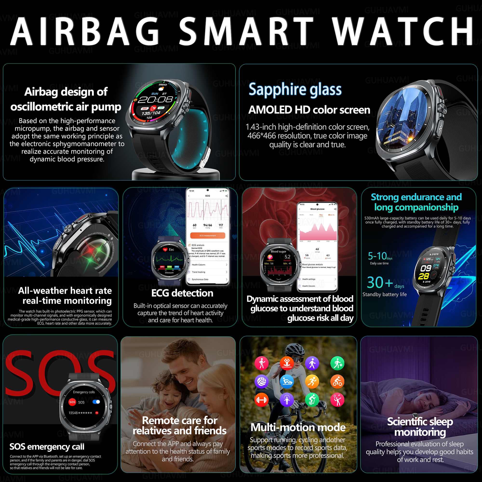 ECG Smart Watch Air Pump Sac True Accurate Blood Pressure Health Monitoring Airbag Sport Fitness