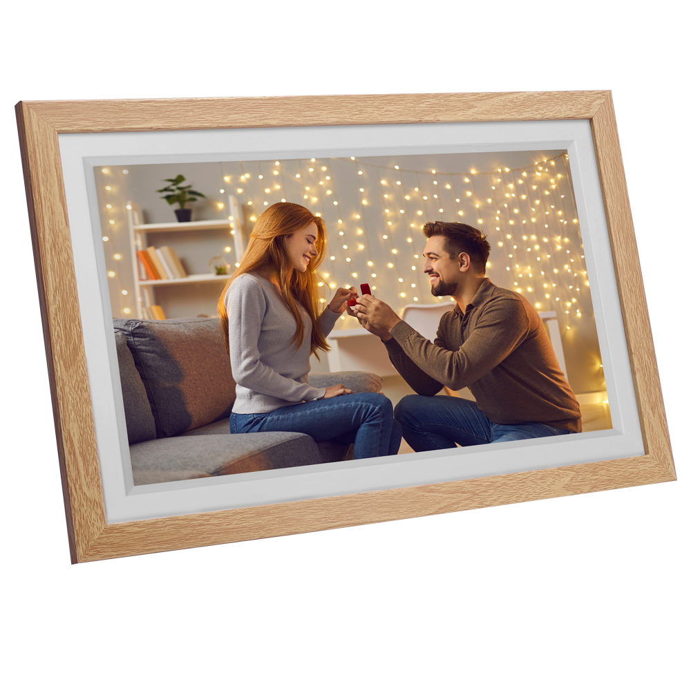 Digital Photo Frame WiFi Wood Frame, Frameo Digital Picture Frame 15.6 Inch, 32GB Memory, 1920 * 1080 HD IPS Touchscreen, Share Photos Videos via Frameo APP, Gifts for Women/Men
