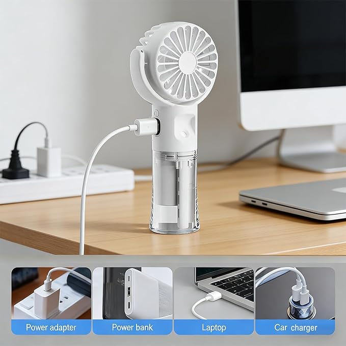 (White) Portable Water Mist Fan Mini Handheld Fan with Water Mist Spray USB Charging 4 Speeds Hanging Neck Spray Fans Portable Personal Hand Held Small Fan