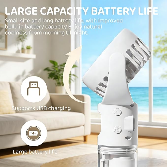 (White) Portable Water Mist Fan Mini Handheld Fan with Water Mist Spray USB Charging 4 Speeds Hanging Neck Spray Fans Portable Personal Hand Held Small Fan
