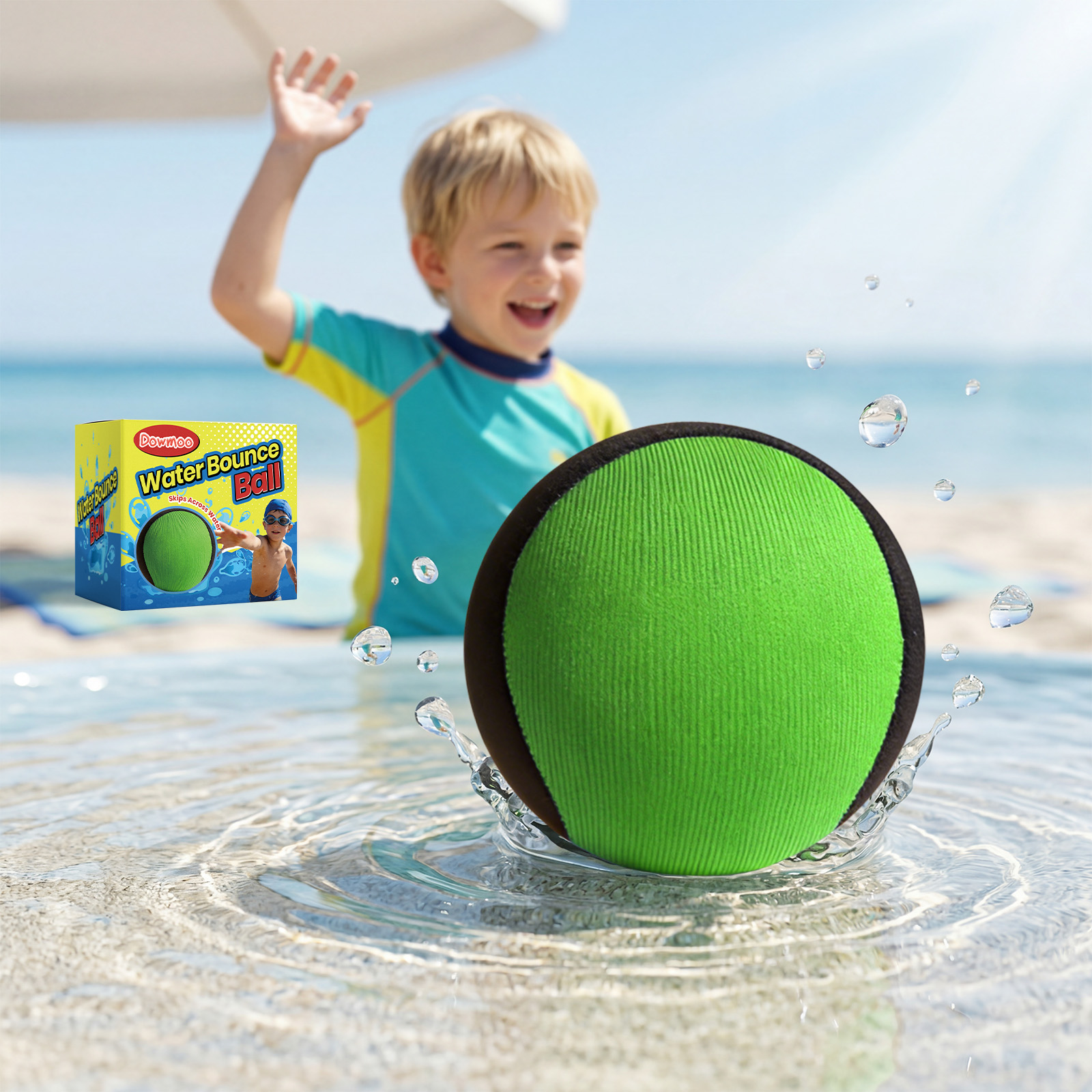 (Green) Water Bounce Ball – Skipping Pool Ball for Kids & Adults, Blue & Black Floating Toy, Beach Sea Swimming Game, Outdoor Interactive Family Fun, Elastic Splash Bal