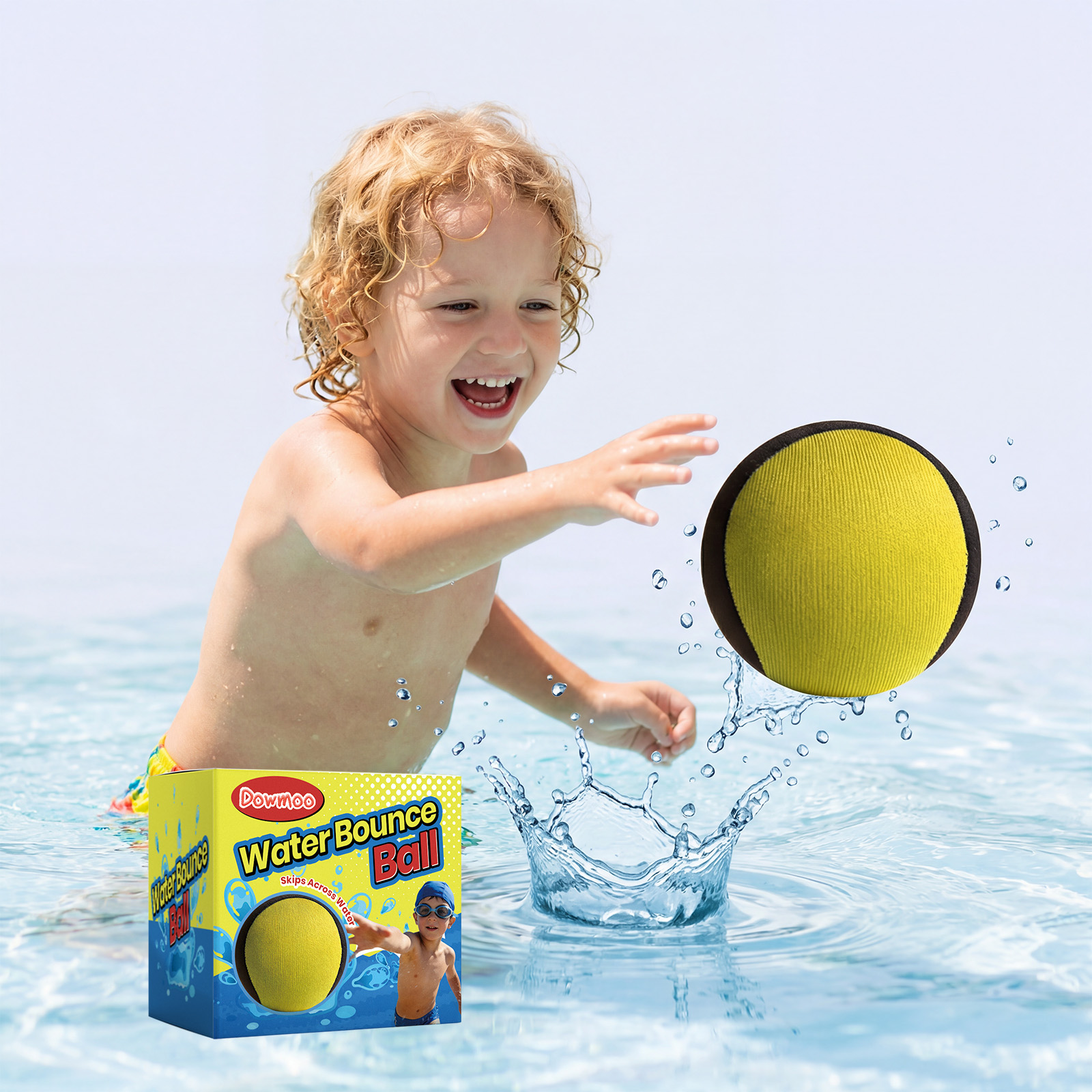 (Yellow~Black) Water Bounce Ball – Skipping Pool Ball for Kids & Adults, Blue & Black Floating Toy, Beach Sea Swimming Game, Outdoor Interactive Family Fun, Elastic Splash Bal