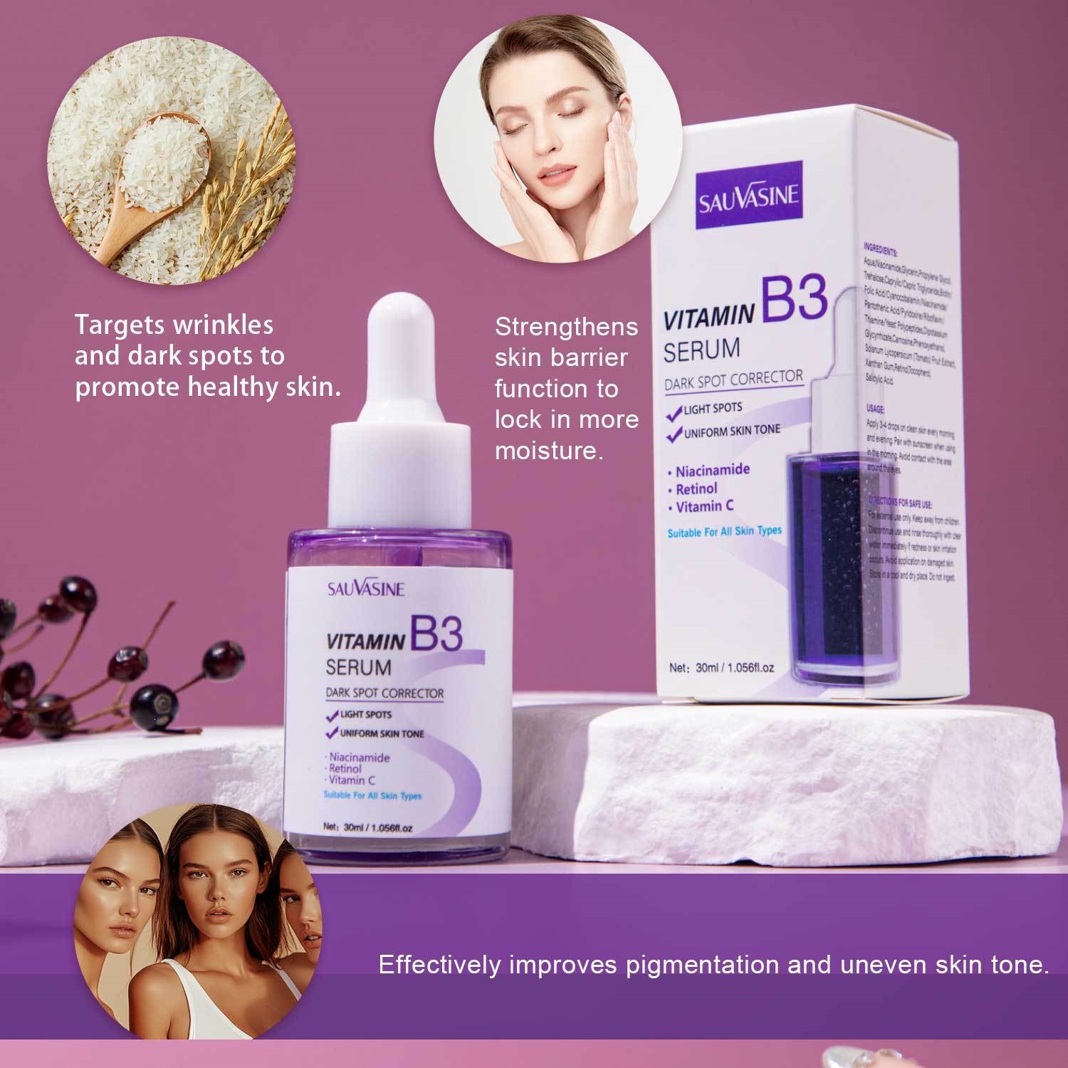 B3 Brightening Serum Dark Spot Corrector Fine Line Smoothing for Daily Skin Care Home Use Natural 30ml