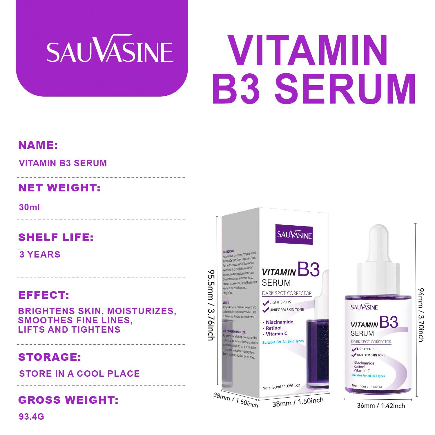 B3 Brightening Serum Dark Spot Corrector Fine Line Smoothing for Daily Skin Care Home Use Natural 30ml