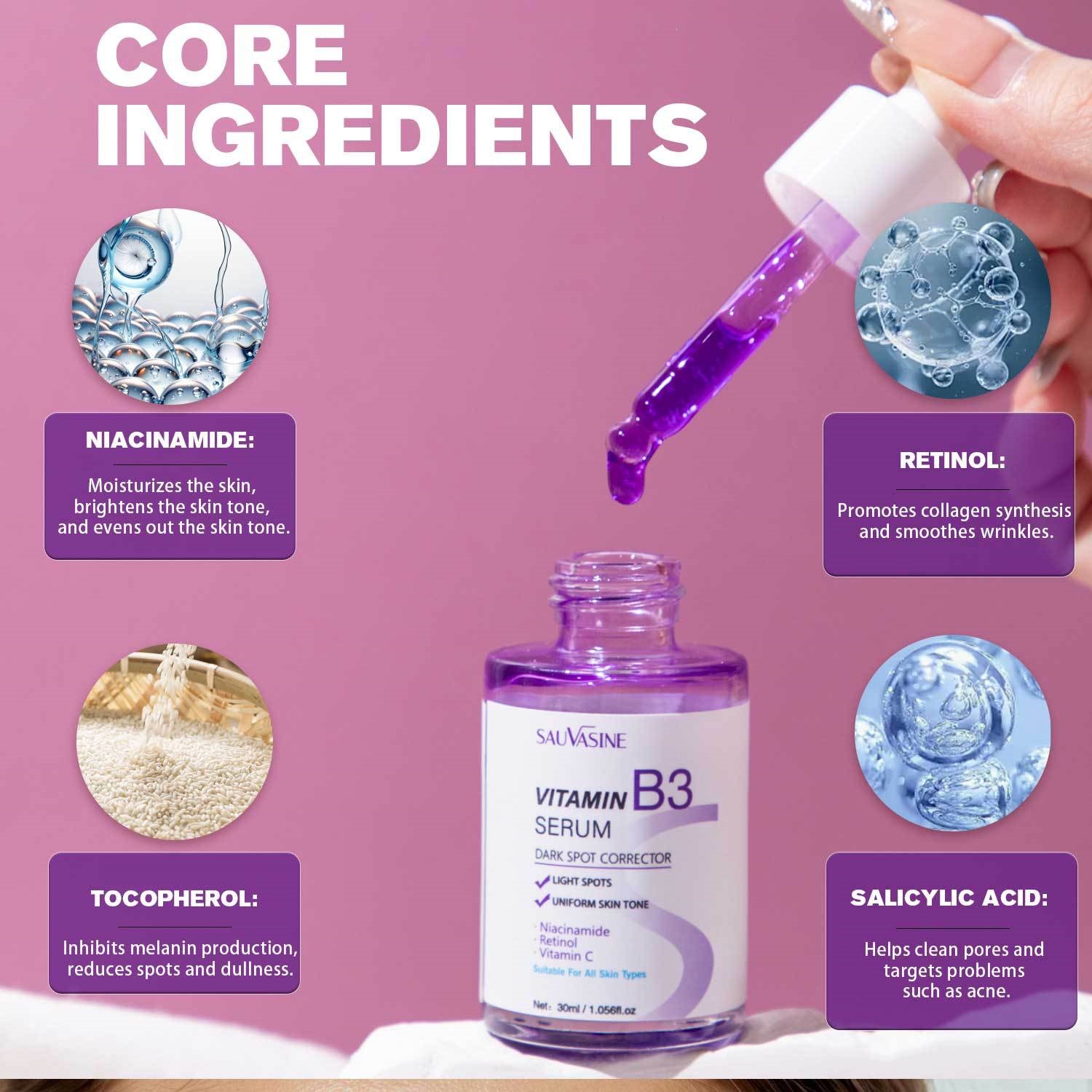 B3 Brightening Serum Dark Spot Corrector Fine Line Smoothing for Daily Skin Care Home Use Natural 30ml