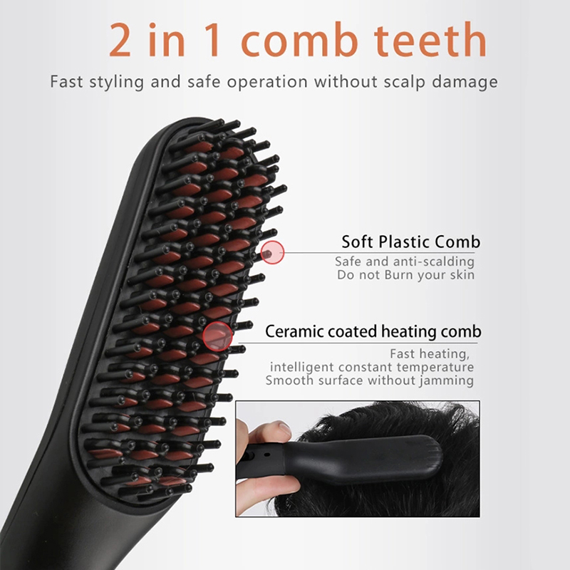 (Black) Electric Beard Heated Brush Kit Hair Straightener Straightening Men Quick Styler  Beard Comb Electric Comb For Hair