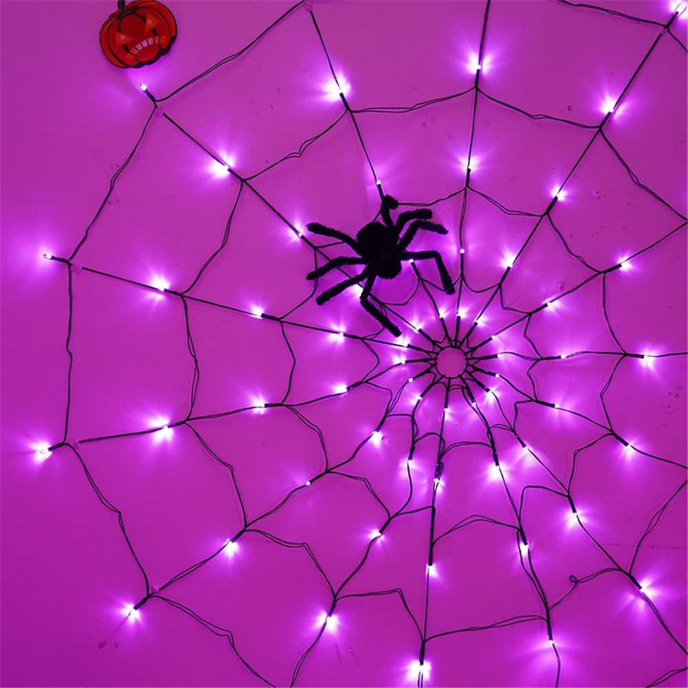 LED Spider Web String Lights Halloween Decorations Glow Net Light with Black Spider for Indoor Outdoor Haunted House Party Garden Yard
