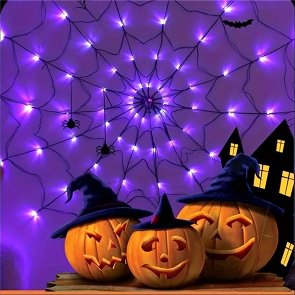 LED Spider Web String Lights Halloween Decorations Glow Net Light with Black Spider for Indoor Outdoor Haunted House Party Garden Yard