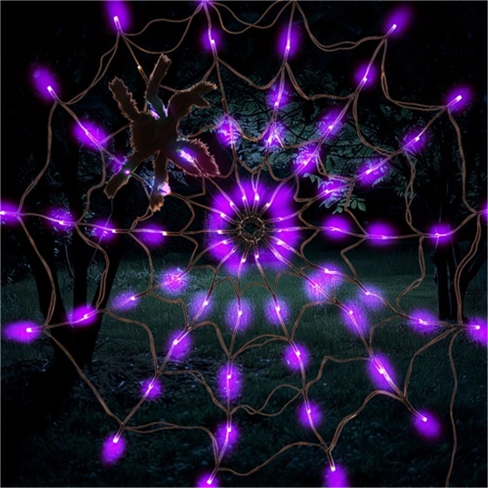 LED Spider Web String Lights Halloween Decorations Glow Net Light with Black Spider for Indoor Outdoor Haunted House Party Garden Yard