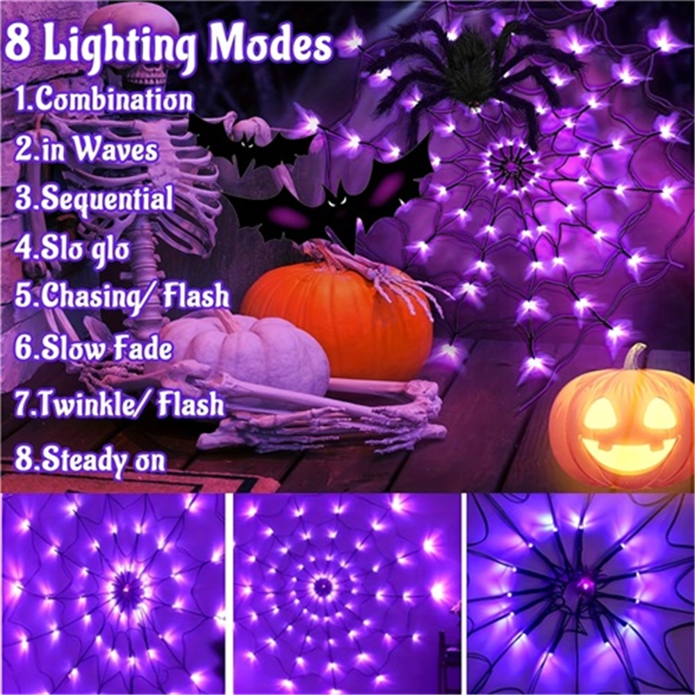 LED Spider Web String Lights Halloween Decorations Glow Net Light with Black Spider for Indoor Outdoor Haunted House Party Garden Yard