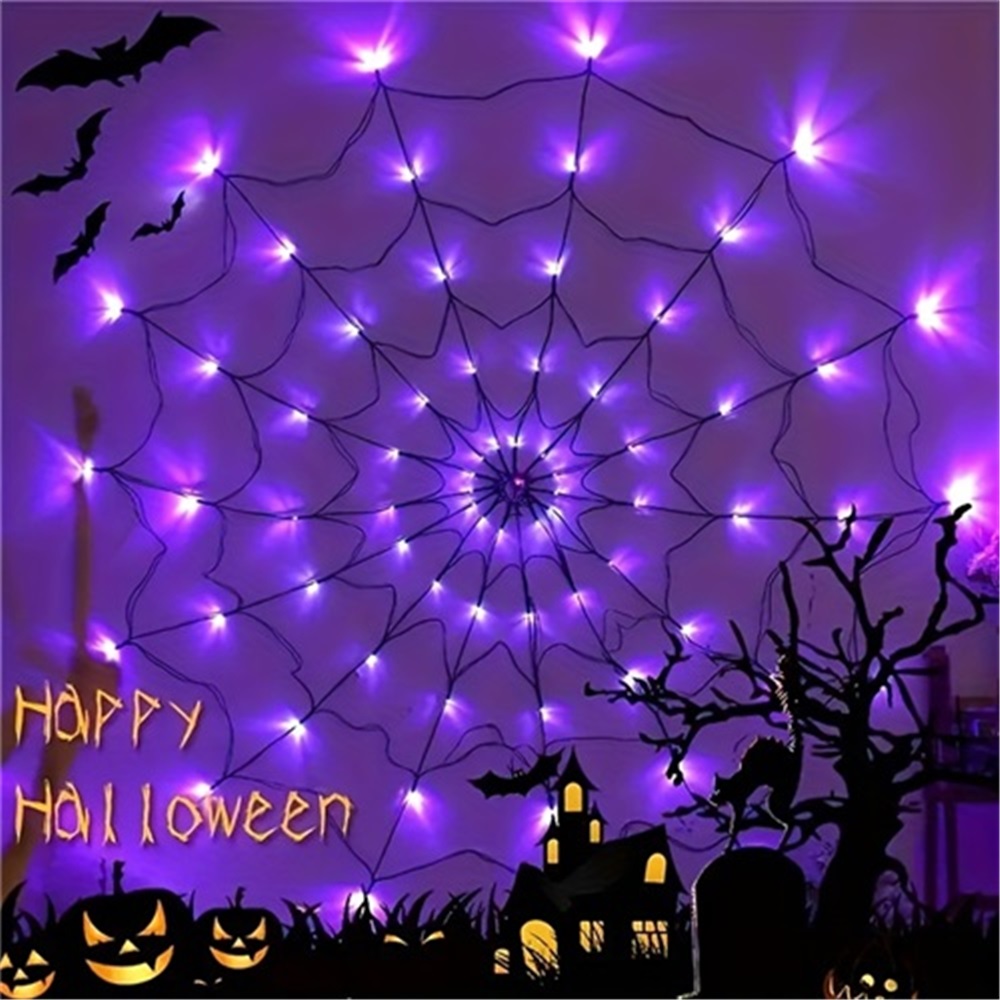 LED Spider Web String Lights Halloween Decorations Glow Net Light with Black Spider for Indoor Outdoor Haunted House Party Garden Yard