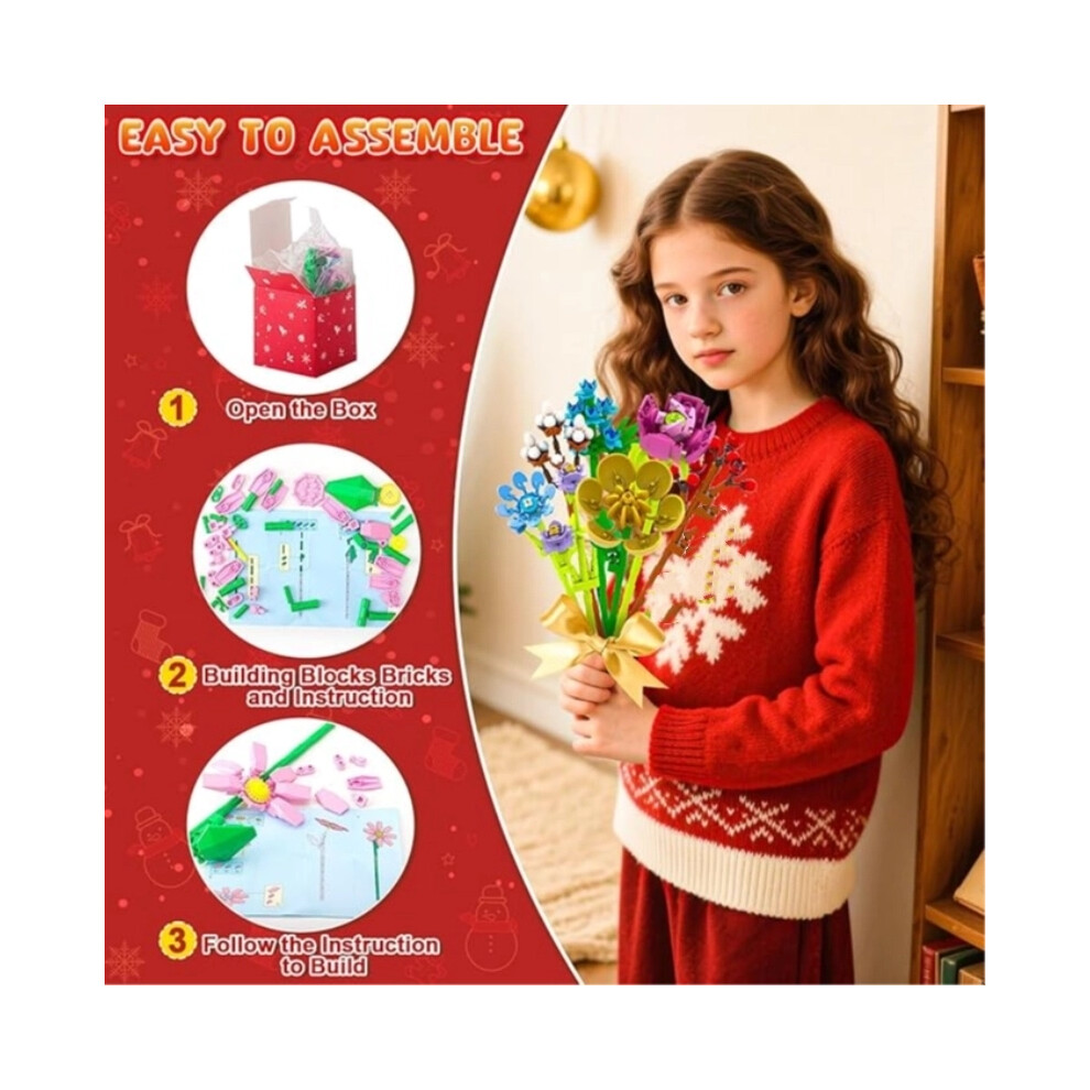 (Daisy Bouque) Advent Calendar Flower Bouquet Building Blocks For Adults Kids 24 Days Christmas Countdown Calendars With 24 Types Flowers 