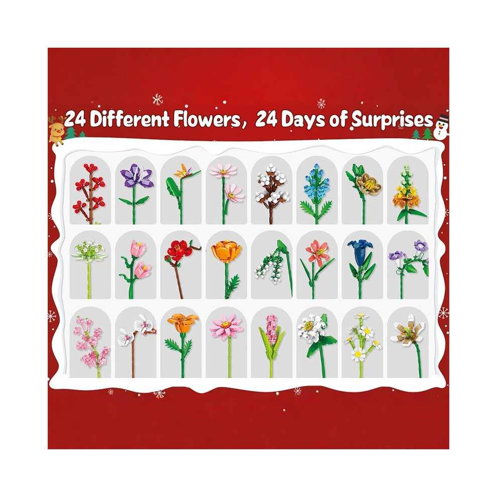 (Daisy Bouque) Advent Calendar Flower Bouquet Building Blocks For Adults Kids 24 Days Christmas Countdown Calendars With 24 Types Flowers 