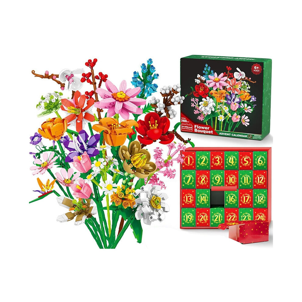 (Daisy Bouque) Advent Calendar Flower Bouquet Building Blocks For Adults Kids 24 Days Christmas Countdown Calendars With 24 Types Flowers 