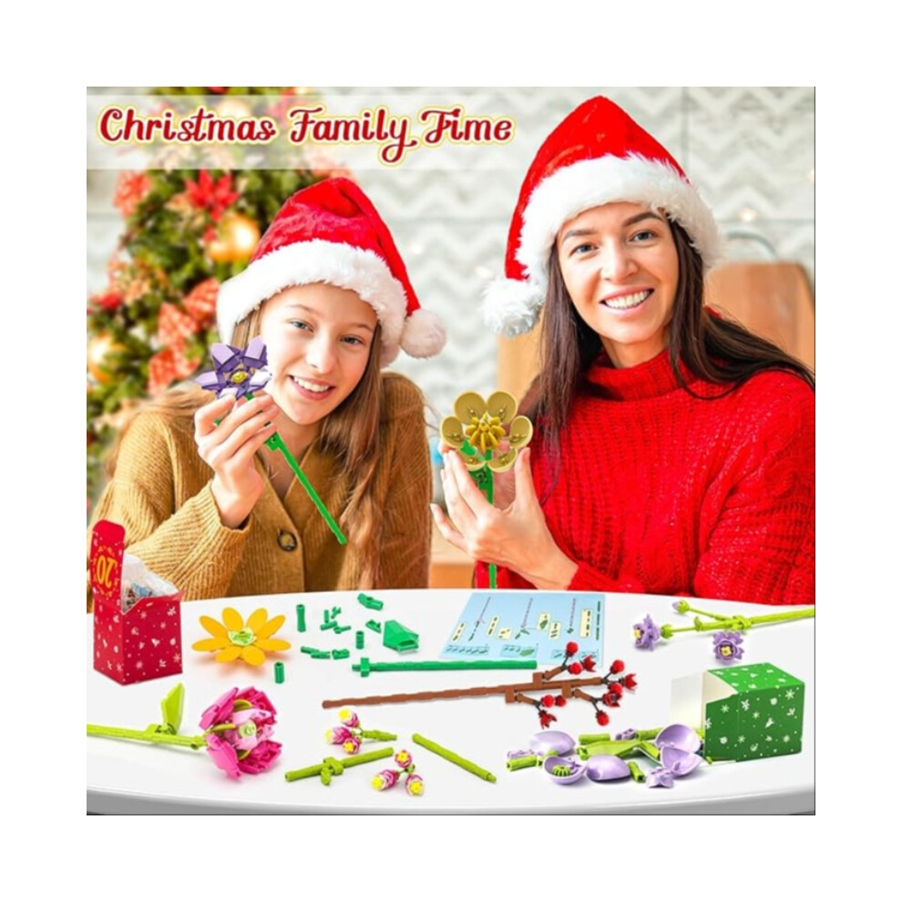 (Daisy Bouque) Advent Calendar Flower Bouquet Building Blocks For Adults Kids 24 Days Christmas Countdown Calendars With 24 Types Flowers 