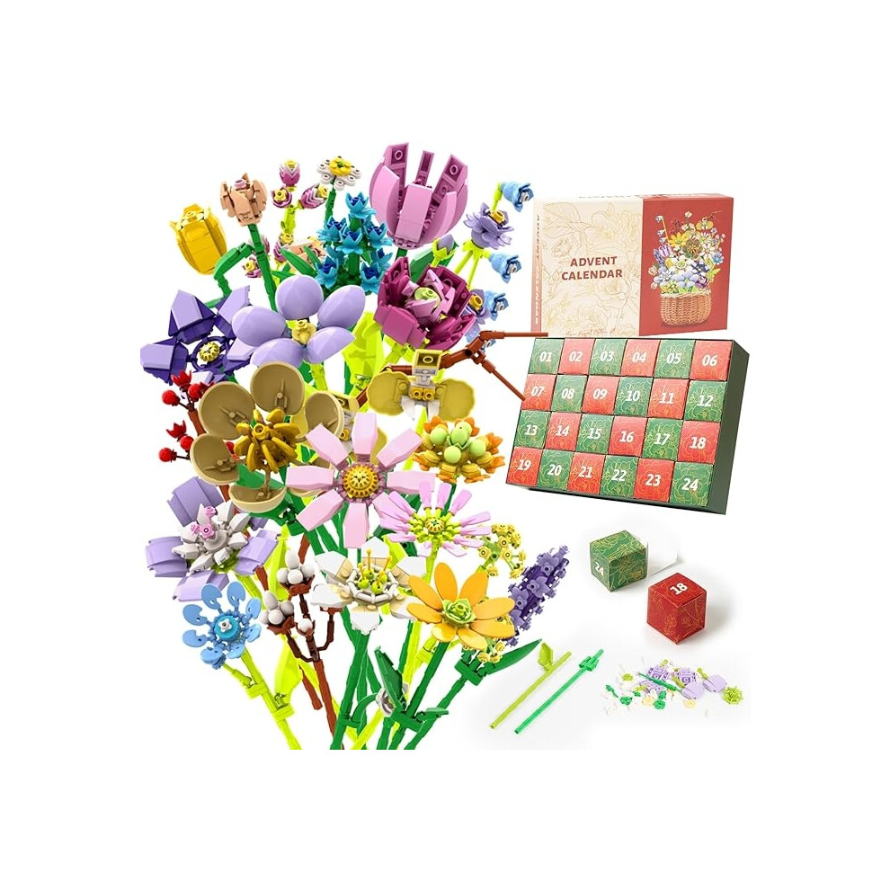 (Daisy Bouque) Advent Calendar Flower Bouquet Building Blocks For Adults Kids 24 Days Christmas Countdown Calendars With 24 Types Flowers 