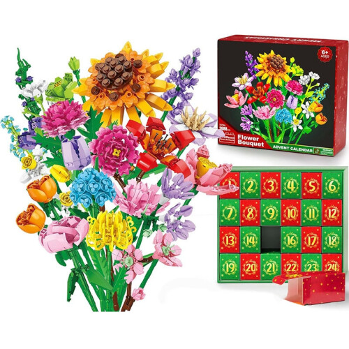 (Daisy Bouque) Advent Calendar Flower Bouquet Building Blocks For Adults Kids 24 Days Christmas Countdown Calendars With 24 Types Flowers 