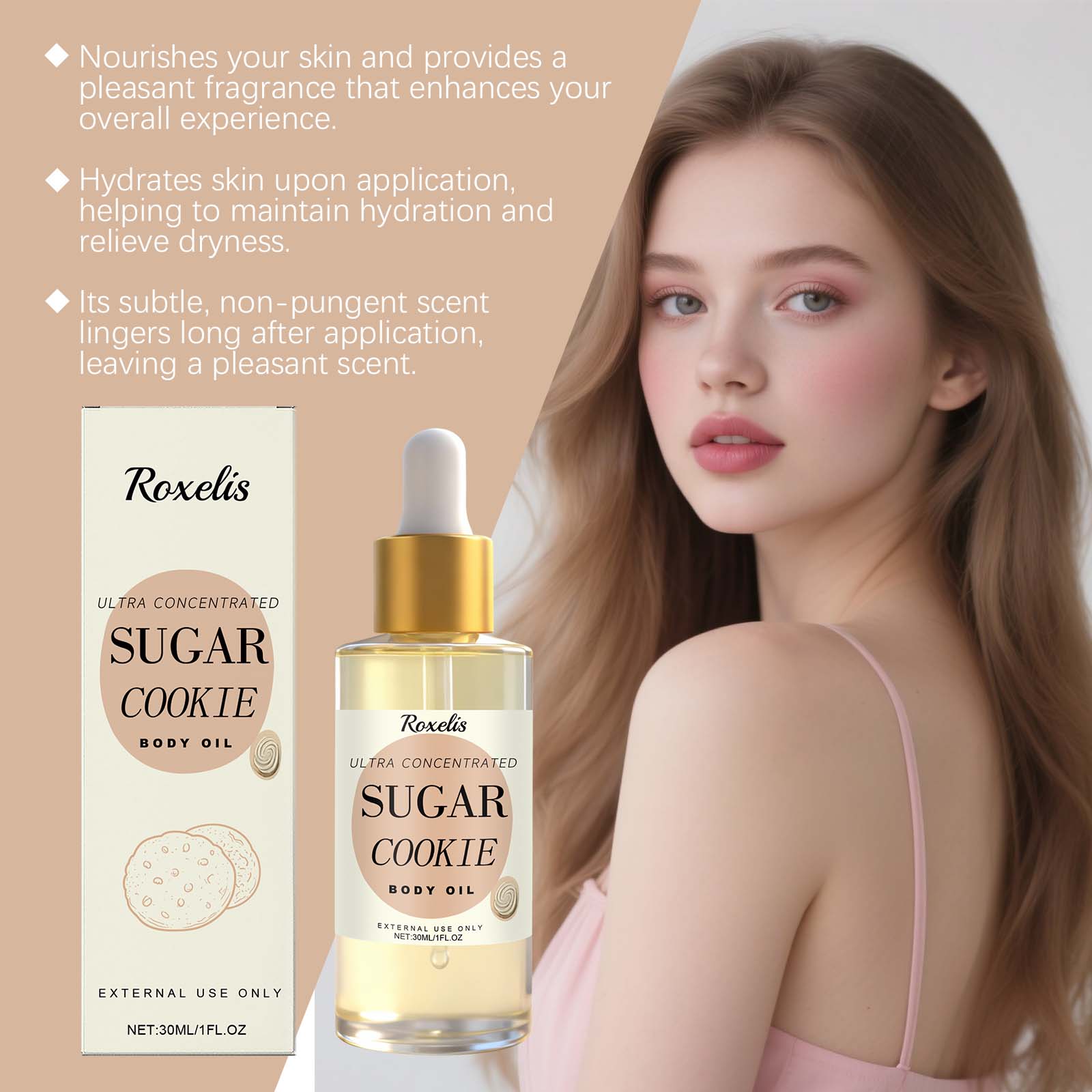 Sweet Cookie Scent Body Oil Moisturizing Smoothing Nourishing For Daily Massage And Long Lasting Fragrance