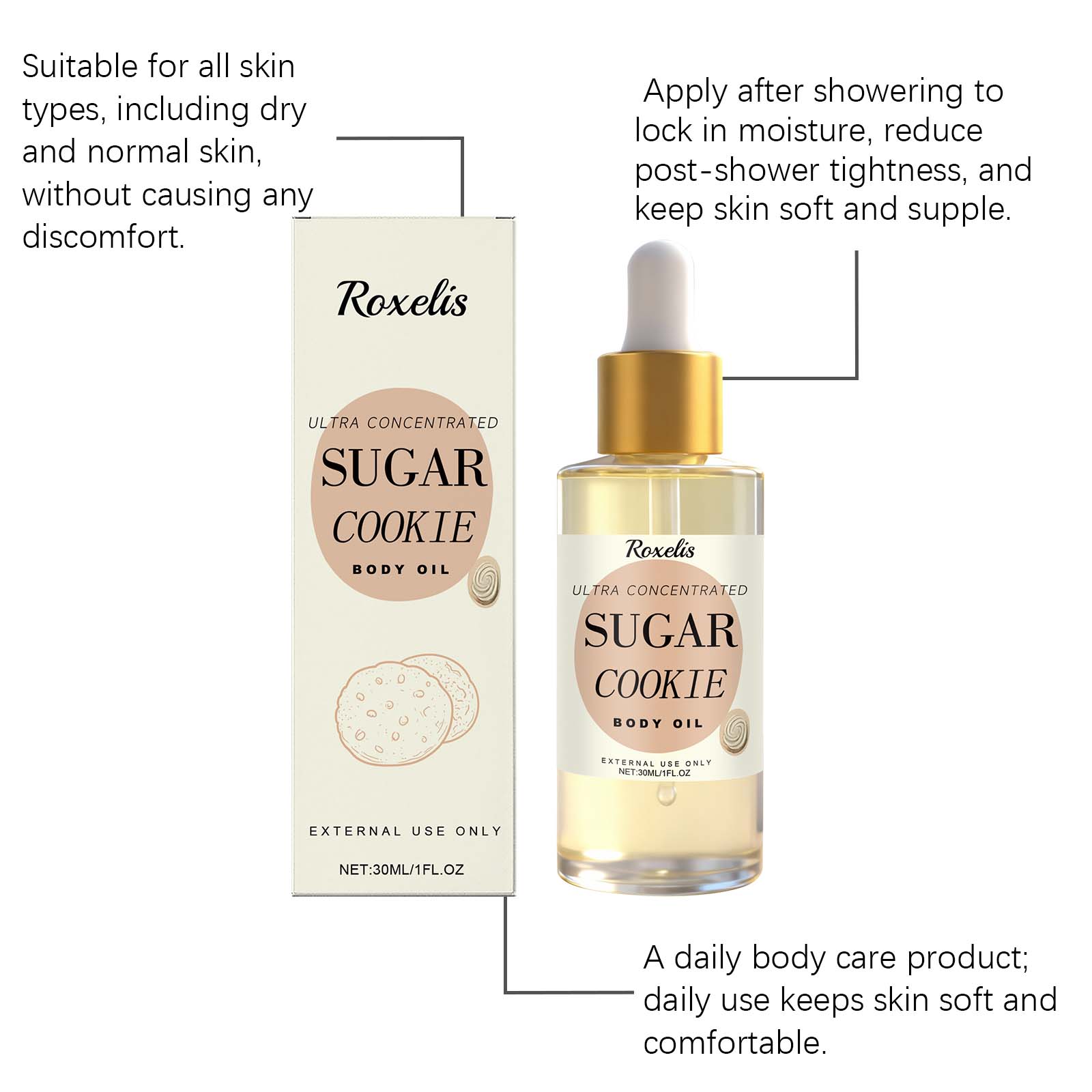 Sweet Cookie Scent Body Oil Moisturizing Smoothing Nourishing For Daily Massage And Long Lasting Fragrance