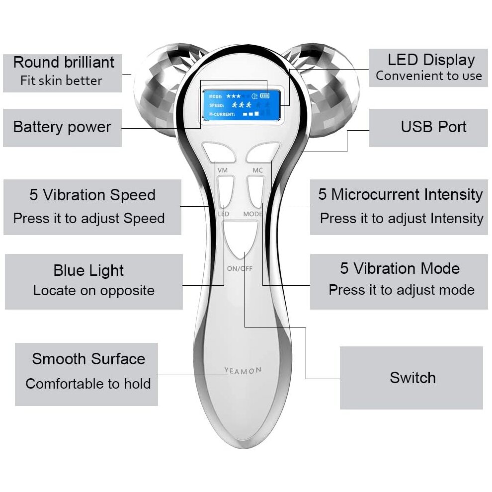 4D Microcurrent Face Massager Roller Electric Rechargeable Face Lift Roller Arms Legs Massager for Anti Aging Wrinkles Facial Massager for Women