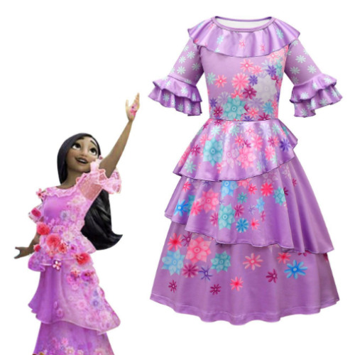 (6-7 Years) Girls Encanto Isabella Cosplay Costume Ruffle Floral Princess Dress Party Bi