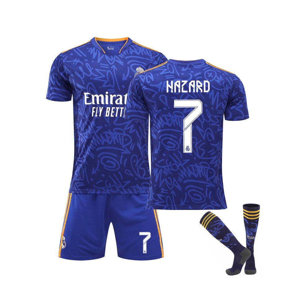 (without numer Adults XXL) Football Jersey Kits With Socks 21-22 Real Madrid Away Sapphire Football Jersey Suit For Adults Kids Boys Soccer Training T-shirt UINIJR MODRIC BENZEMA KROOS and HAZARD Fans Gift Blue