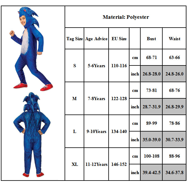 (11~12Years) Sonic the Hedgehog Costume Kids Boys Cosplay Party Jumpsuits Bodysuit Fancy Dress Game Character Halloween Costumes Role Playing Dress Up Suit Kids