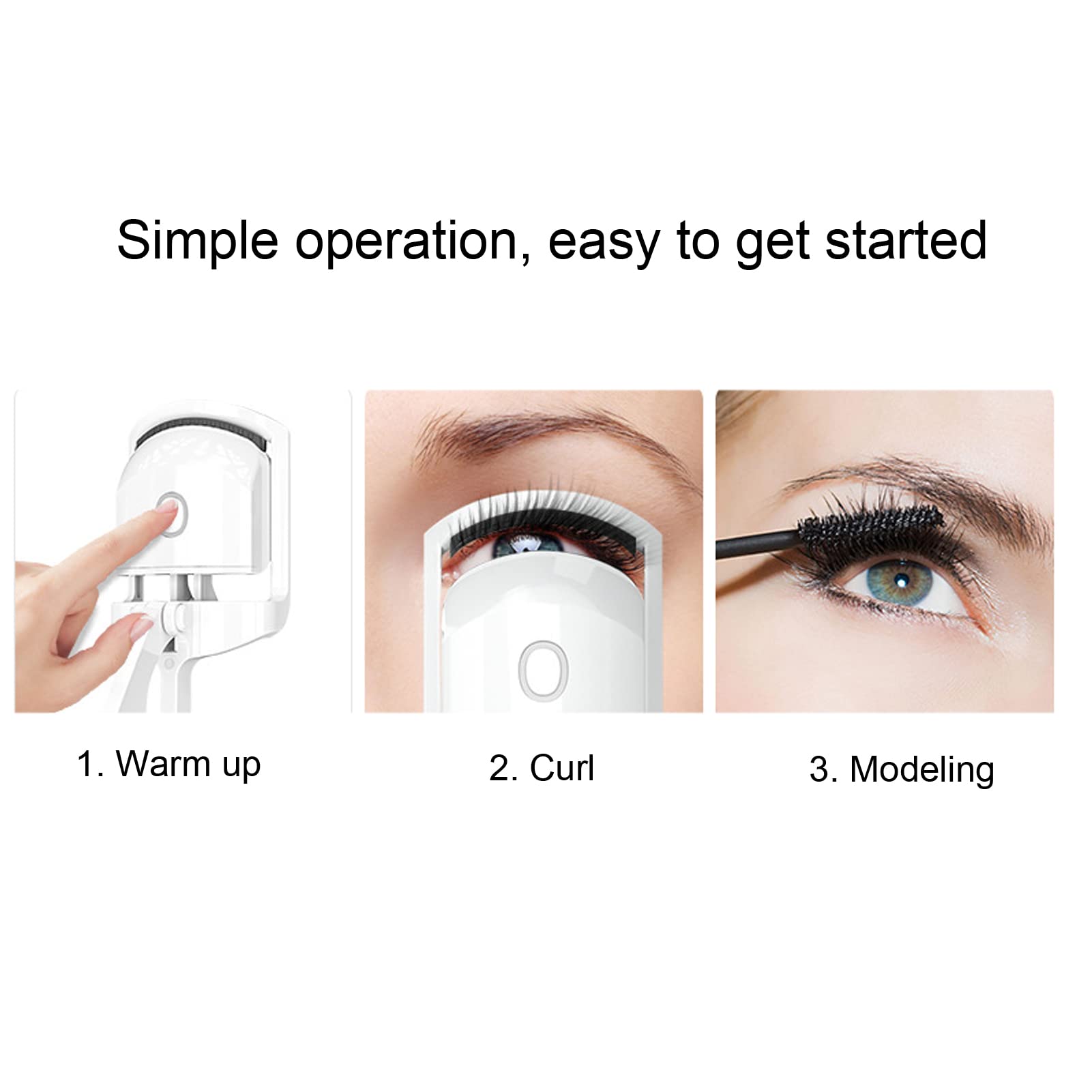 (White) Eyelash Curler Heated Eyelash Curler Clip Handheld Electric USB Lashes Curl Tool Portable Eyelashes Auxiliary Rechargeable Fast Heating Up Beauty Tool Curling Makeup