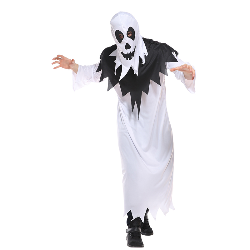 (165~175cm) Halloween Ghost Costume Hooded Cape Men Cosplay Robe Scary Hat Fancy Dress Zombie Cloak White Devil Soul Dress Set
