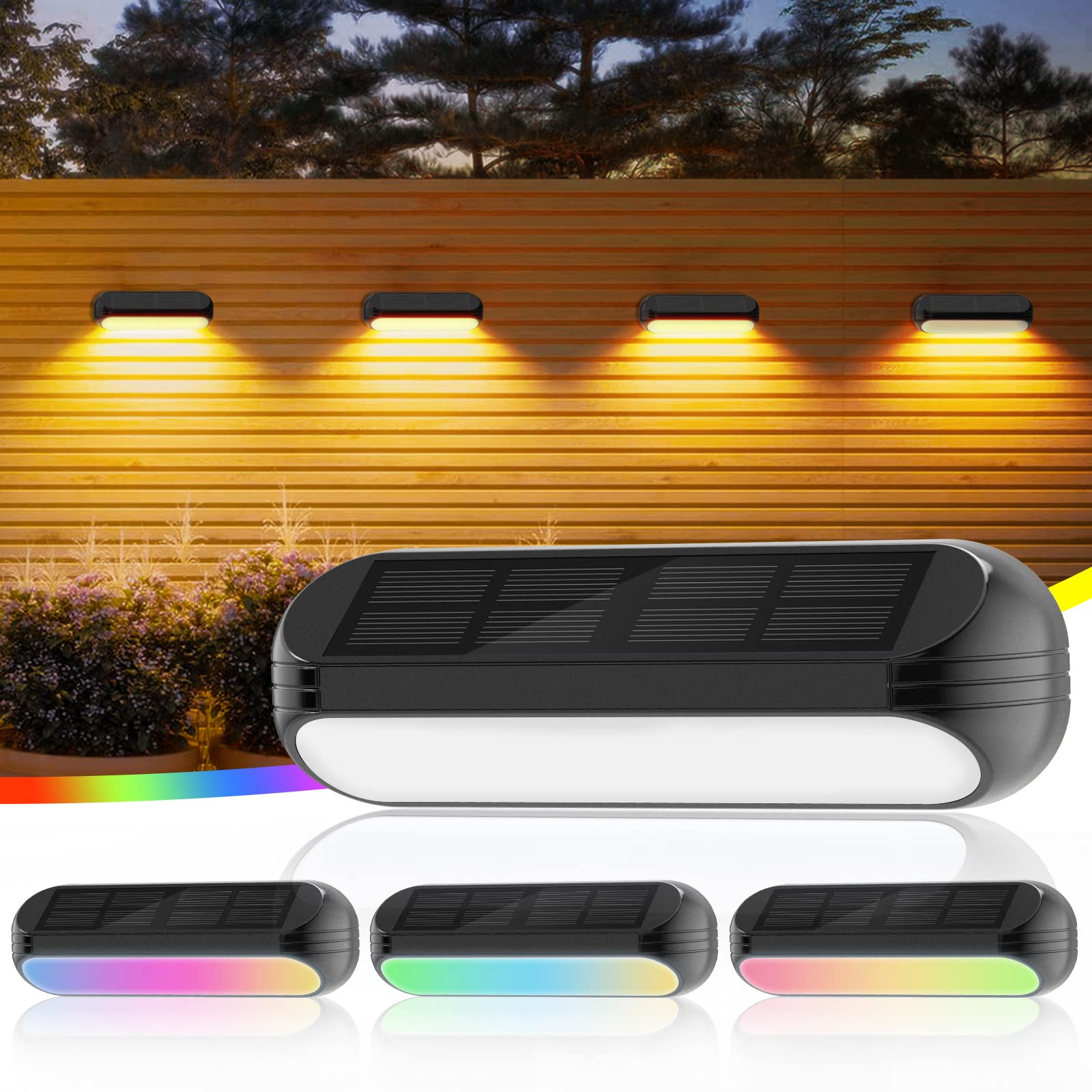 (Warm White) 4 Pack Solar Fence Lights Outdoor Garden Waterproof Garden Ornaments Outdoor for Fence Step Terraces Deck