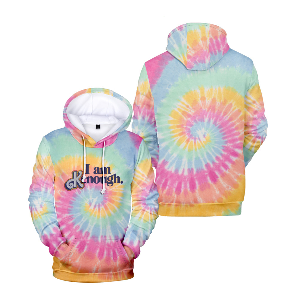 (Kids~100 cm) Tie-dye I Am Kenough Funny Saying Hoodie with Pocket Trendy Letter Graphic Print Colourful Long Sleeve Sweatshirt