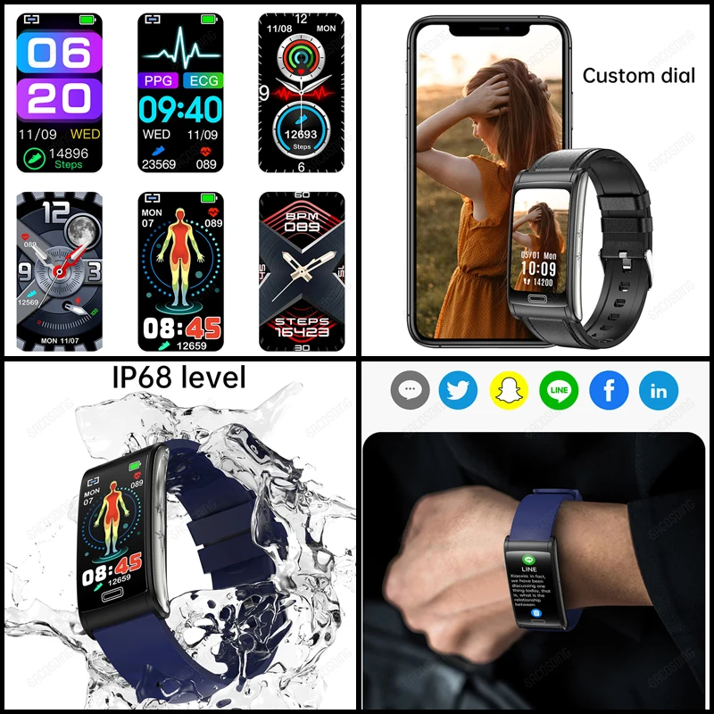 (Blue) Health Blood Sugar Smart Bracelet IP68 Sport Smartwatch ECG Blood Pressure Heart Rate Smart Watch