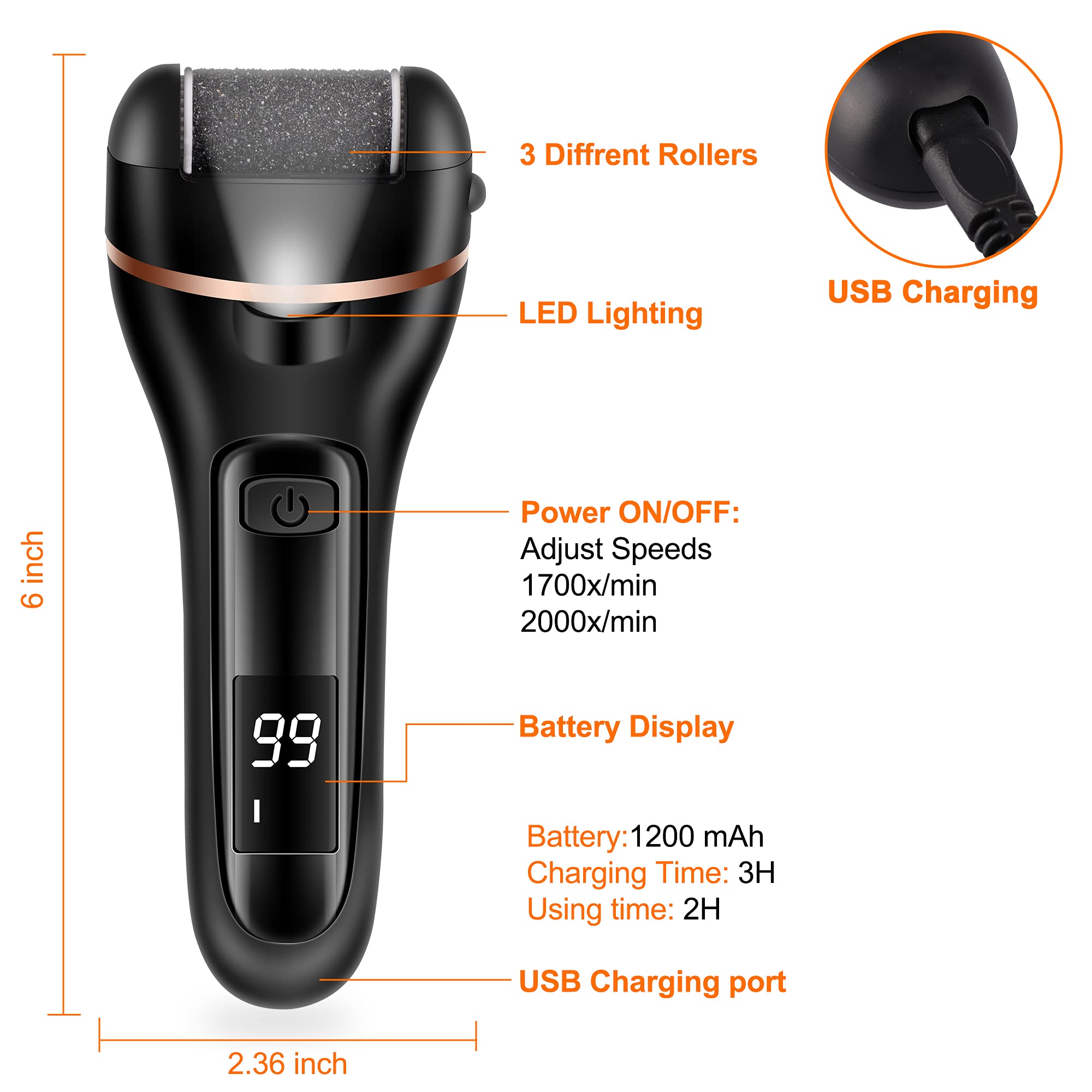 (Black) Hard Skin Remover Foot File Electric Ratukall Rechargeable Dry Skin Remover for Feet Professional Pedicure Tools Foot Scrubber Care Kit with Storage Bag for Dead Skin Cracked Corn Heels Calluses