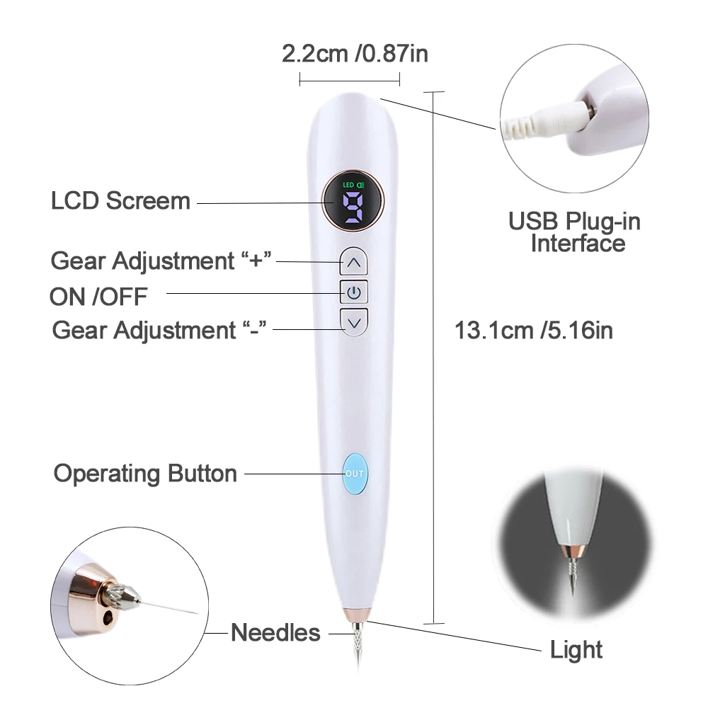 Mini Plasma Pen Freckle Remover Machine Laser Mole Removal Dark Spot Skin Wart Tag Remove Tattoo Removal Skin Care Beauty Tool Face Body 9 Mode LCD