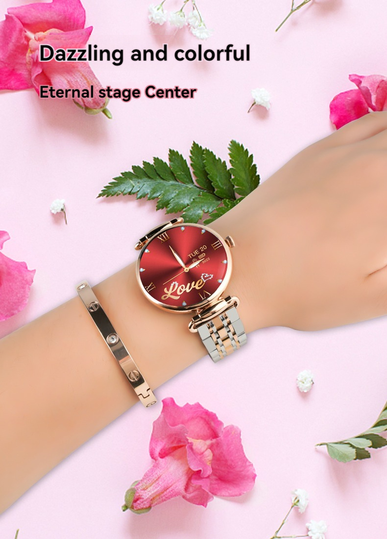 (Gold) Women Smart Watch 1.28 Inch AMOLED HD Screen 3D Gem Mirror Stainless Steel BT Call Female Security Period Blood Oxygen