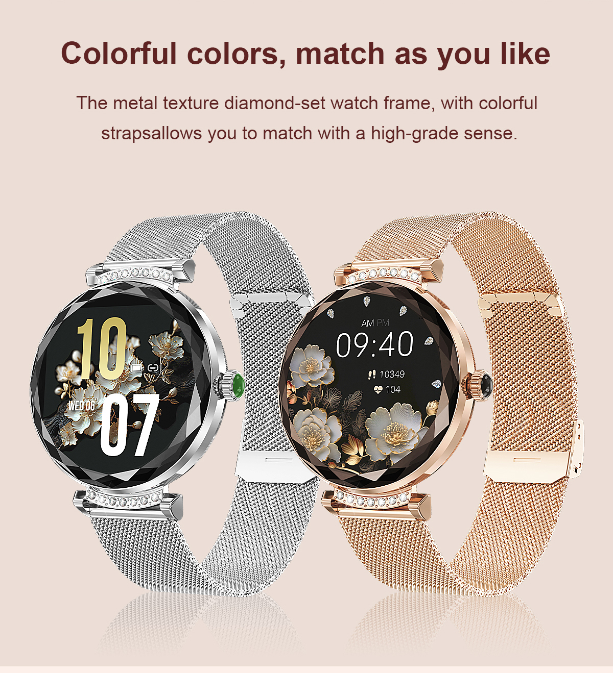 (Gold) Lady Smart Watch Fashion 1.19 Inch AMOLED BT Call Women Female IP68 Smartwatch