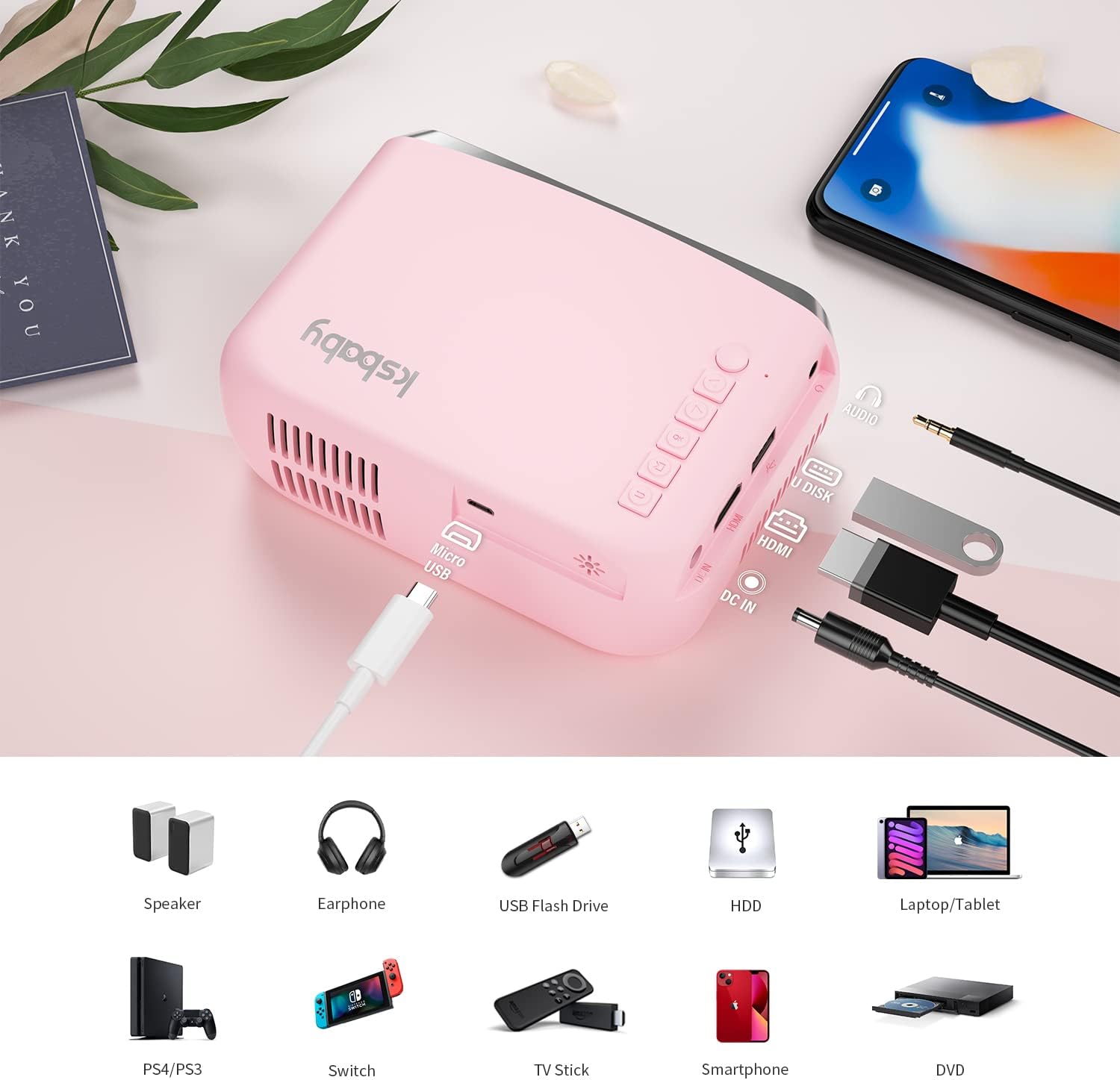 Portable Projector Outdoor Projector LED Aesthetic Video Mini Projector for Outdoor Portable Movies Compatible with HDMI USB Laptop TV Stick iOS and Android Phone