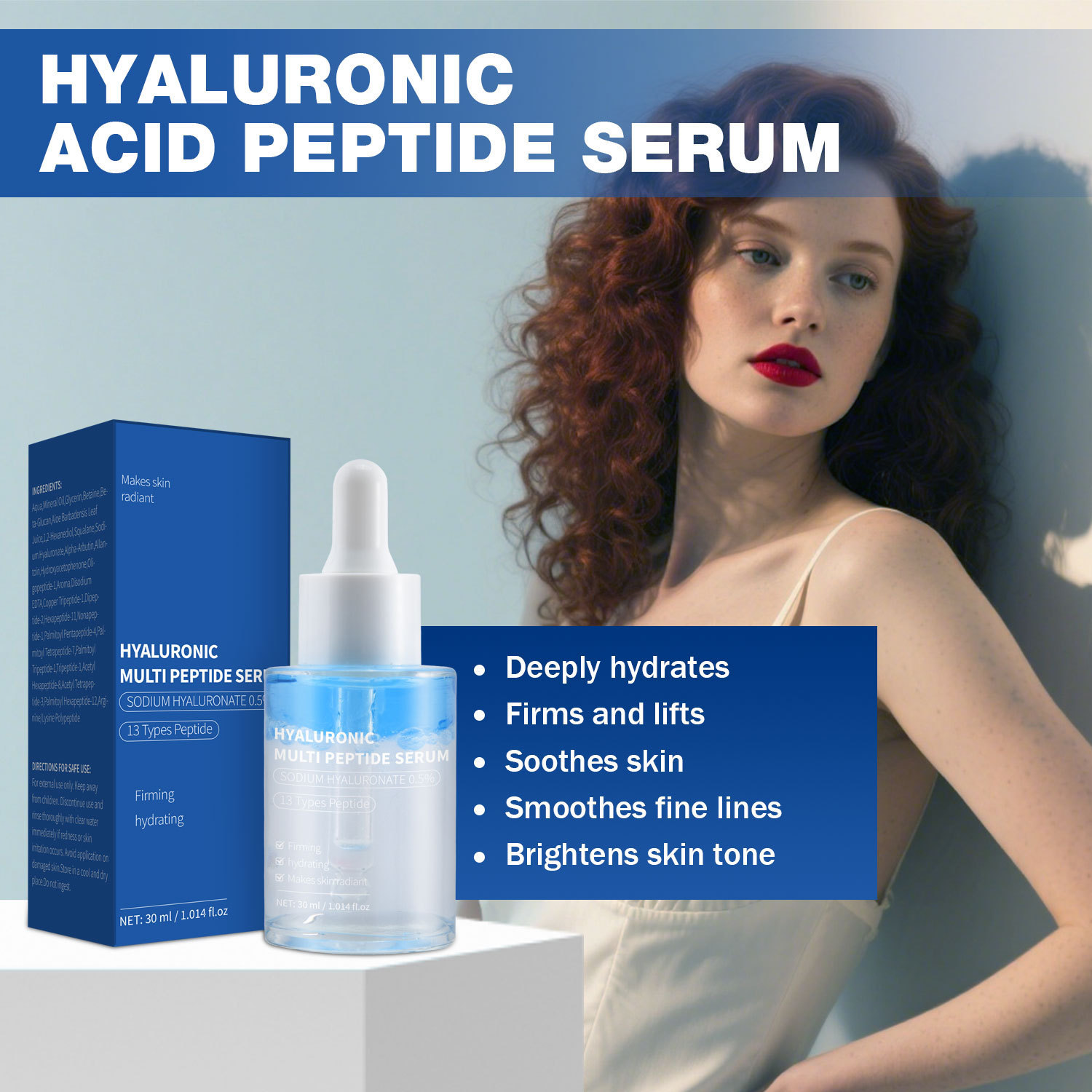 Hyaluronic Acid Peptides Serum For Deep Hydration Firming Elasticity Anti Aging Daily Face Care Treatment 30ml