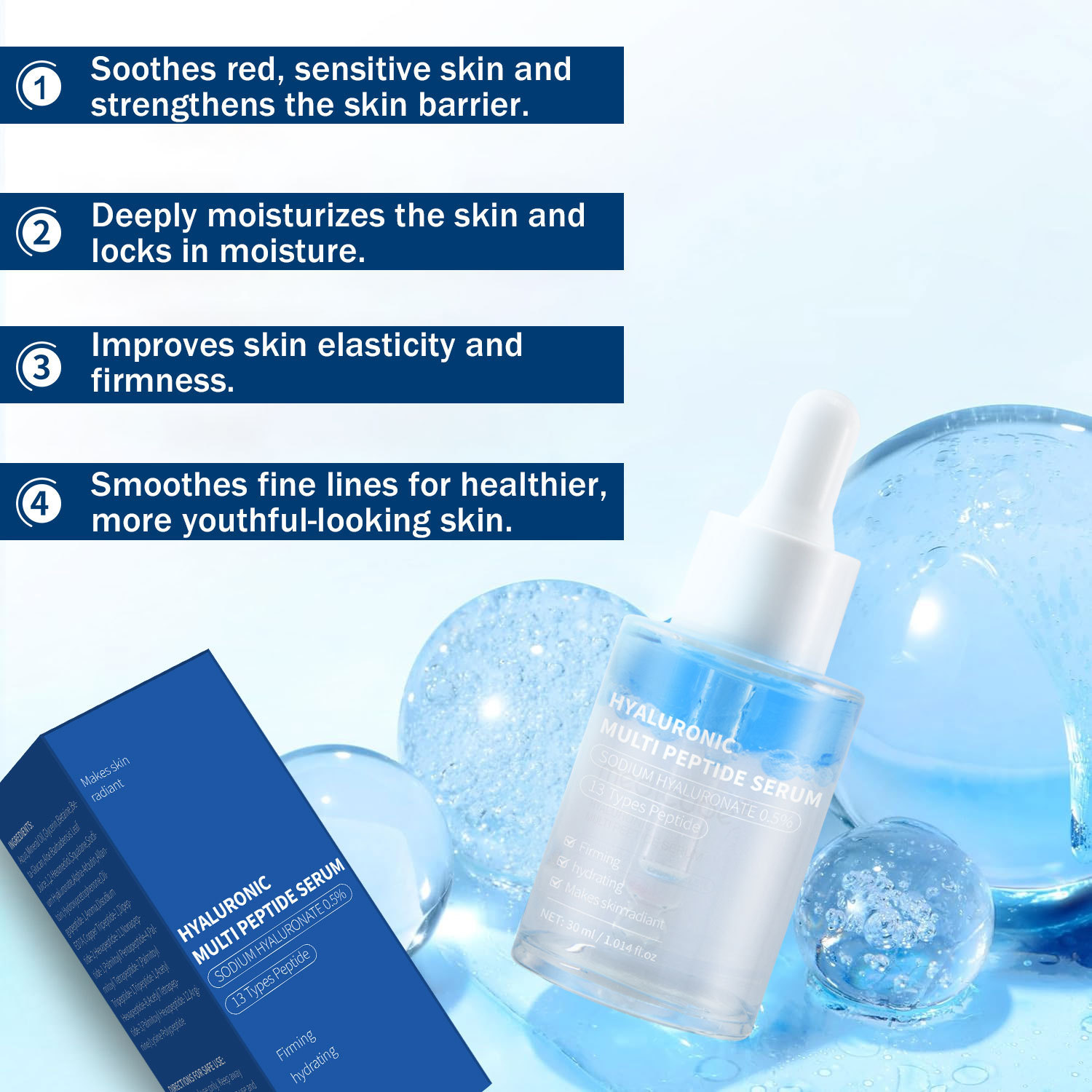 Hyaluronic Acid Peptides Serum For Deep Hydration Firming Elasticity Anti Aging Daily Face Care Treatment 30ml