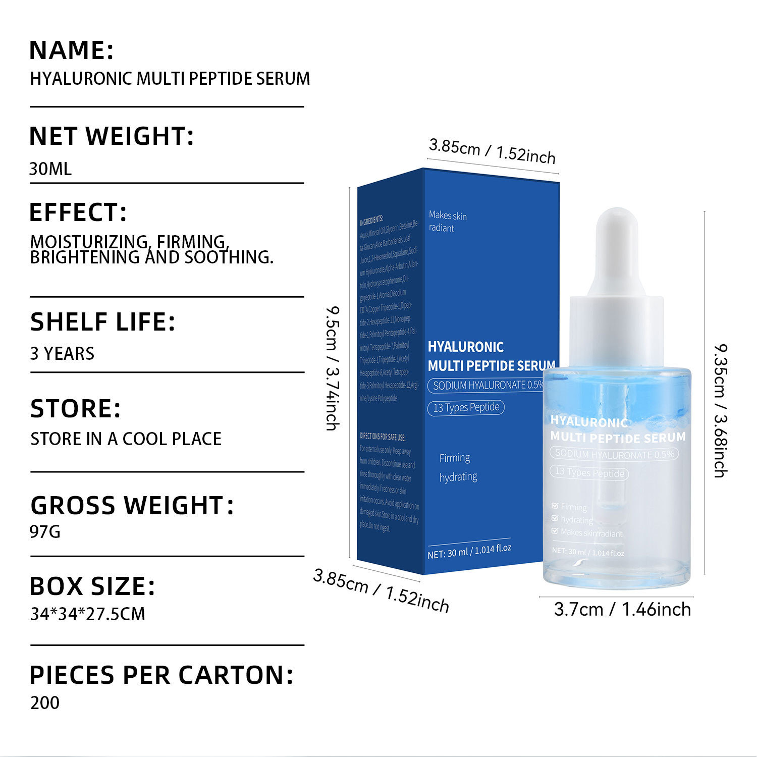 Hyaluronic Acid Peptides Serum For Deep Hydration Firming Elasticity Anti Aging Daily Face Care Treatment 30ml