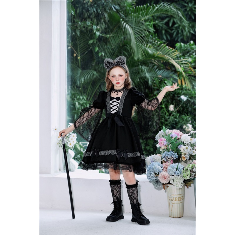 (160) Vampire Witch Lace Dress Halloween Kids Costume Witch Stage Outfit Funny Fancy Dress For Girls