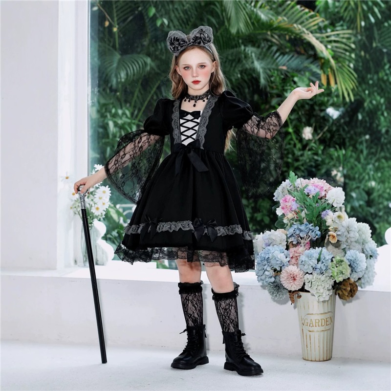 (160) Vampire Witch Lace Dress Halloween Kids Costume Witch Stage Outfit Funny Fancy Dress For Girls