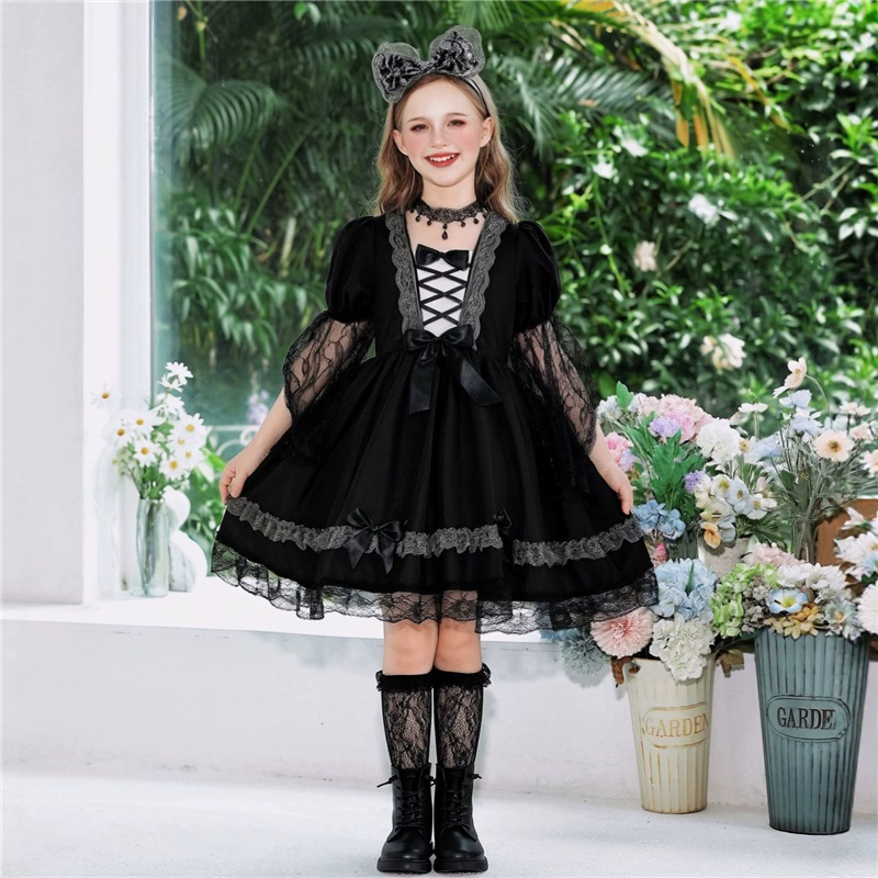 (160) Vampire Witch Lace Dress Halloween Kids Costume Witch Stage Outfit Funny Fancy Dress For Girls