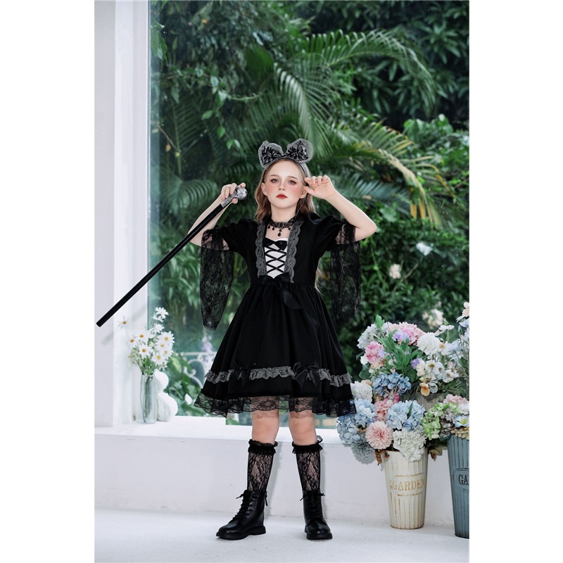 (160) Vampire Witch Lace Dress Halloween Kids Costume Witch Stage Outfit Funny Fancy Dress For Girls
