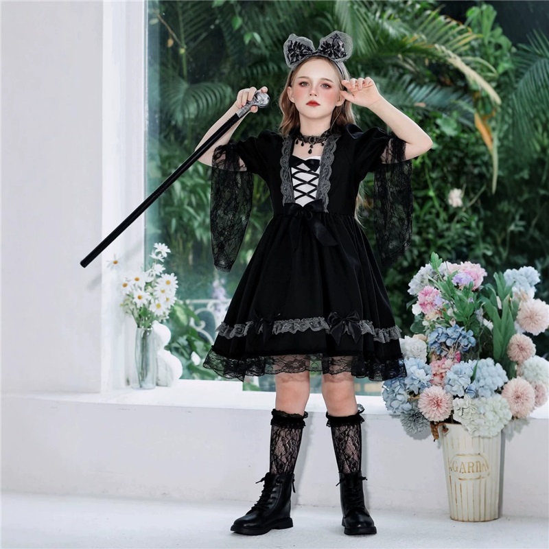 (160) Vampire Witch Lace Dress Halloween Kids Costume Witch Stage Outfit Funny Fancy Dress For Girls