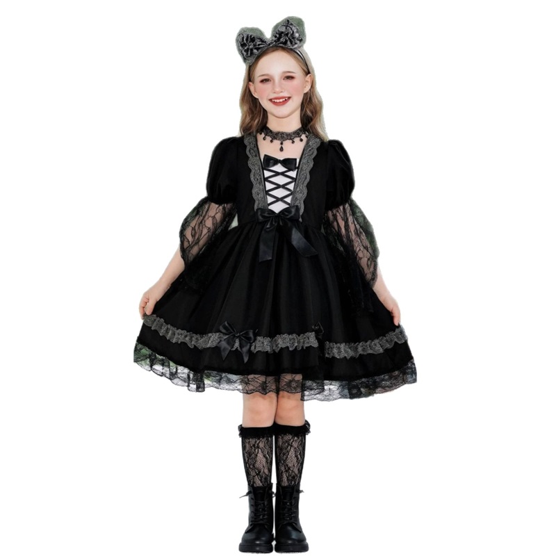 (160) Vampire Witch Lace Dress Halloween Kids Costume Witch Stage Outfit Funny Fancy Dress For Girls