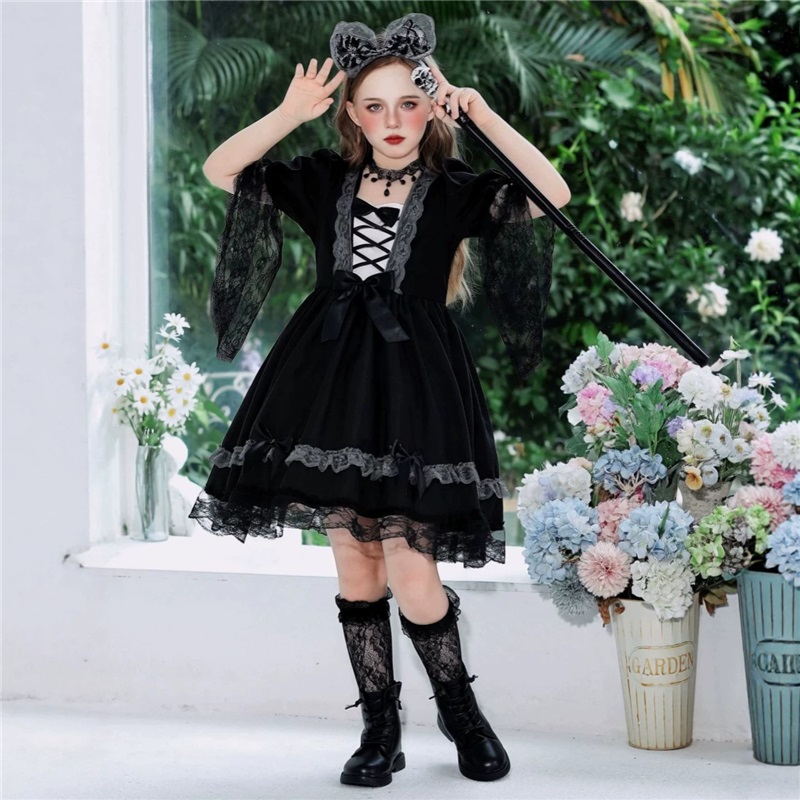 (160) Vampire Witch Lace Dress Halloween Kids Costume Witch Stage Outfit Funny Fancy Dress For Girls